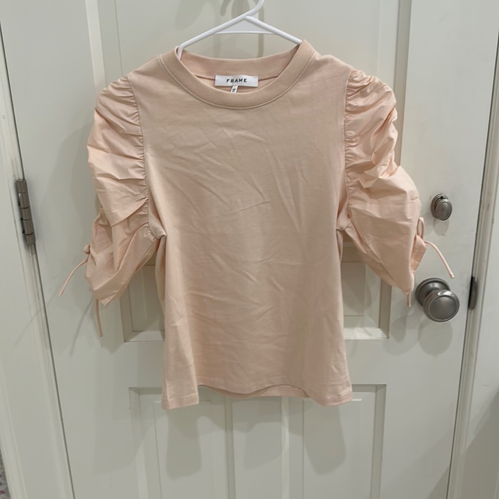 Frame Ruched Tie Sleeve Top in Washed Nude Pink